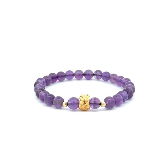Unbranded Jewelry - 18K Gold Money Bag Lucky Charm Beads Bracelet Gemstones Amethyst 6mm